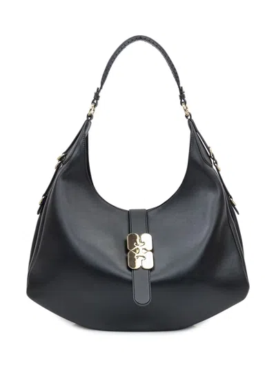 Ganni Black Leather Hobo Bag With Gold Detailing