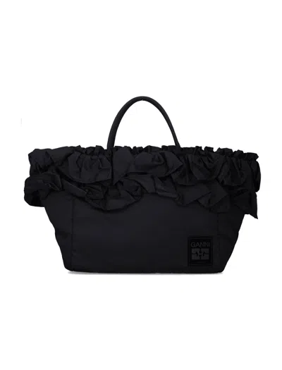 Ganni Black Nylon Ruffled Xxl Shopper Bag