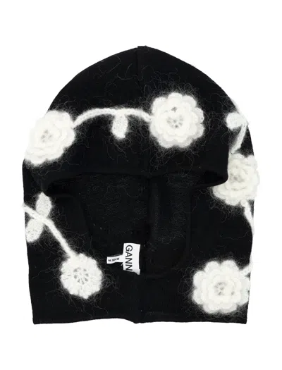 Ganni Black Wool Balaclava With Floral Crochet Detailing
