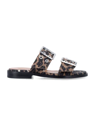 Ganni Feminine Buckle Two-strap Sandals In Brown