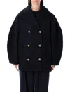 Ganni Dark Blue Wool Short Peacoat In Black