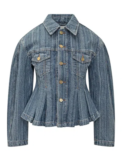 Ganni Denim Jacket With Pleats In Blue