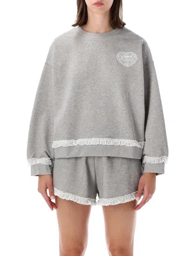 Ganni Lace Trim Oversized Sweatshirt In Gray