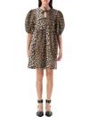 Ganni Brown Leopard Printed Cotton Tie String Minidress In Brown