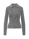 Ganni Black And White Polo Shirt With All-over Space-dye Effect And Button Closure In Fabric Woman In Gray