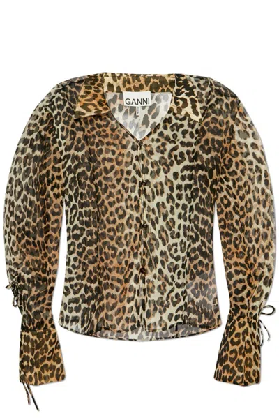 Ganni Animal-print Long-sleeve Blouse In Beige