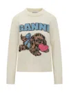 Ganni Sweater In Cream Wool With Dog Pattern In White