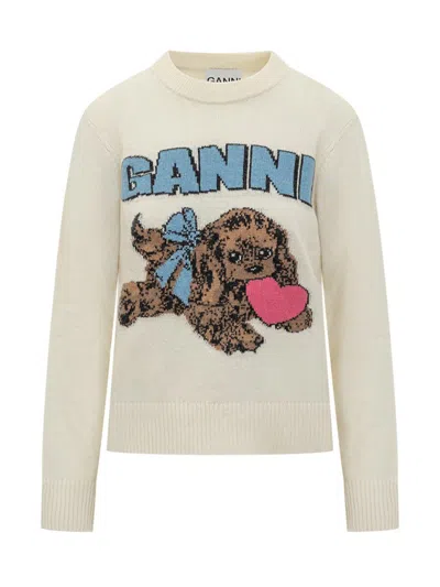 Ganni Sweater In Cream Wool With Dog Pattern In White