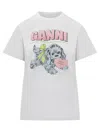 Ganni Graphic Print Crew Neck Short Sleeve Top In White