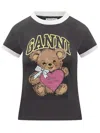 Ganni T-shirt With White Hems And Teddy Bear Print In Black