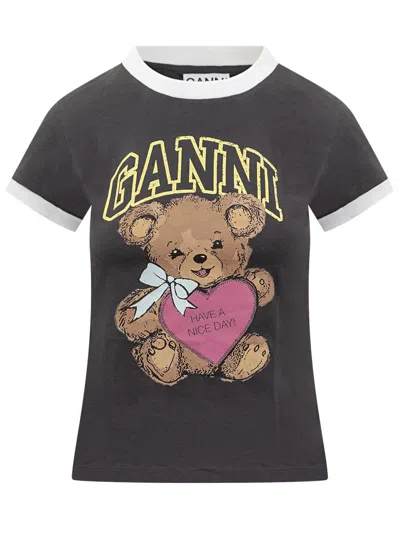 GANNI GANNI GANNI T-SHIRT WITH WHITE HEMS AND TEDDY BEAR PRINT