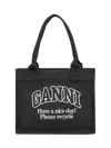 Ganni Women Black Shopper With Embroidered Logo On The Front In Denim Woman In Black