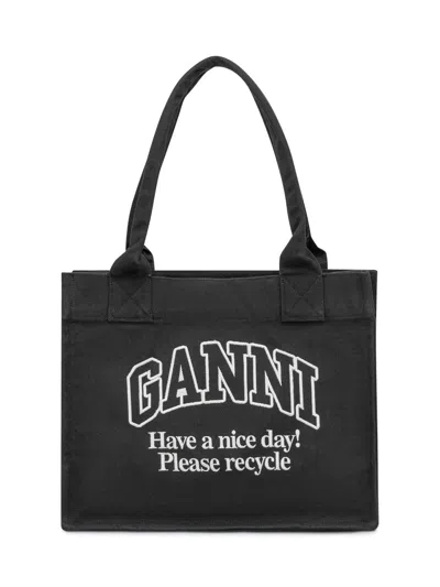 Ganni Tote Bag In Canvas Black With Logo
