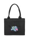 Ganni Tote Bag In Canvas Black With Puppy Print In Black