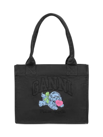 Ganni Tote Bag In Canvas Black With Puppy Print