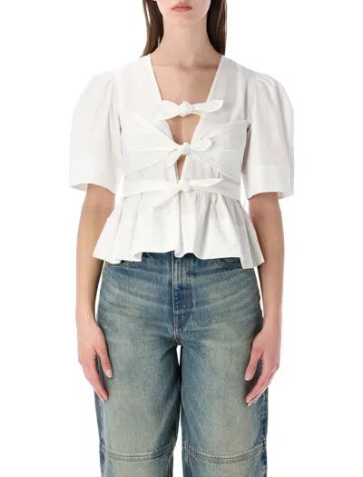 Ganni Washed Cotton Tie-front Blouse In White