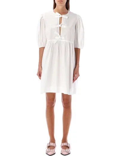 Ganni White Cotton Poplin Mini Dress With Bows In Neutral