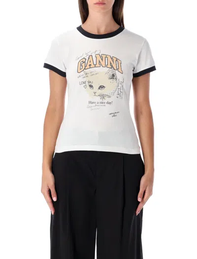 GANNI GANNI GANNI WHITE CROPPED KITTY COTTON T-SHIRT