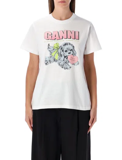 GANNI GANNI GANNI WHITE PUPPY COTTON T-SHIRT