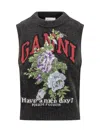 Ganni Wool Vest With Flowers And Logo In Black