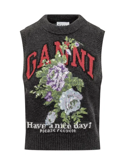 Ganni Wool Vest With Flowers And Logo In Black