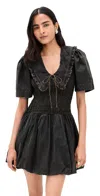 Ganni Cotton Dress With Puff Sleeves And Ruffled Collar In Gray