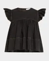 Ganni Garment-dyed Flutter-sleeve Babydoll Top In Black