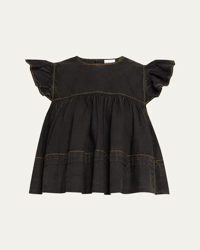 GANNI GARMENT-DYED FLUTTER-SLEEVE BABYDOLL TOP