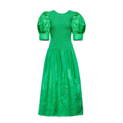 Ganni Gathered Cotton Dress In Green