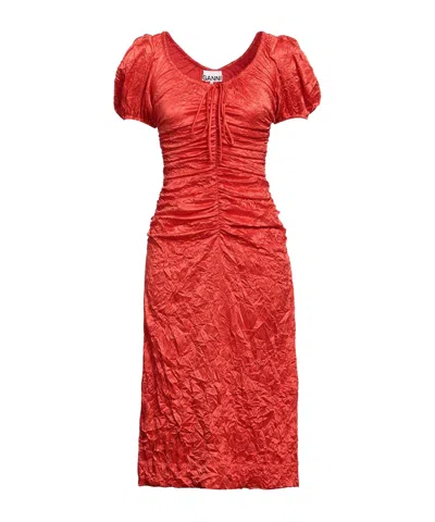 Ganni Gathered Flared Dress In Red