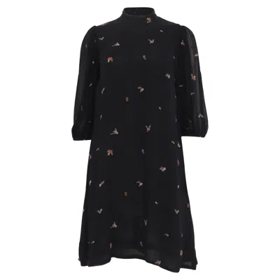 Ganni Gathered Floral-print Georgette Mini Dress In Black Viscose