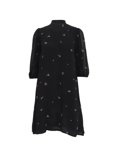 Pre-owned Ganni Gathered Floral-print Mini Dress In Black