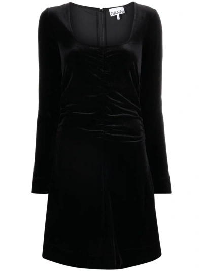 Ganni Ruched Velvet Mini Dress In Black
