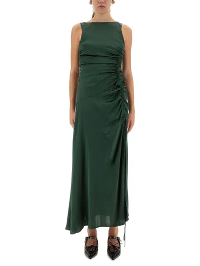 Ganni Gathered Satin Dress In Green