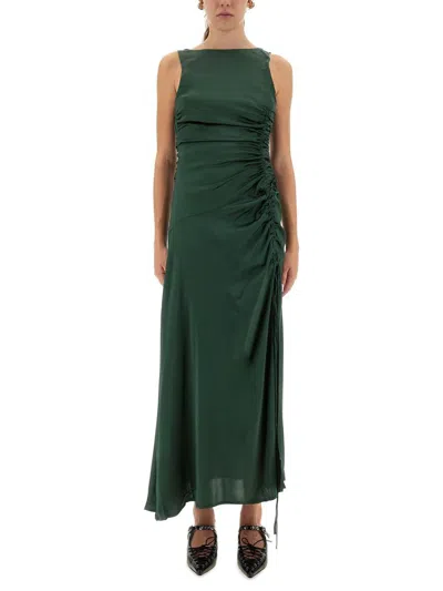 Ganni Gathered Satin Dress In Green