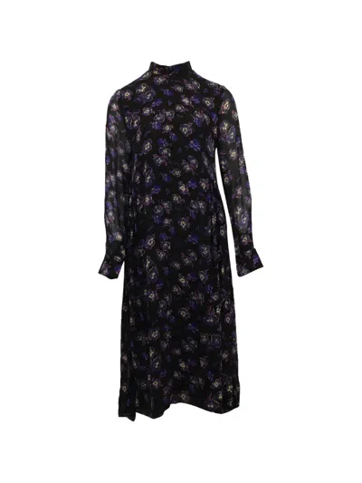 Pre-owned Ganni Georgette Floral-print Midi Dress In Black