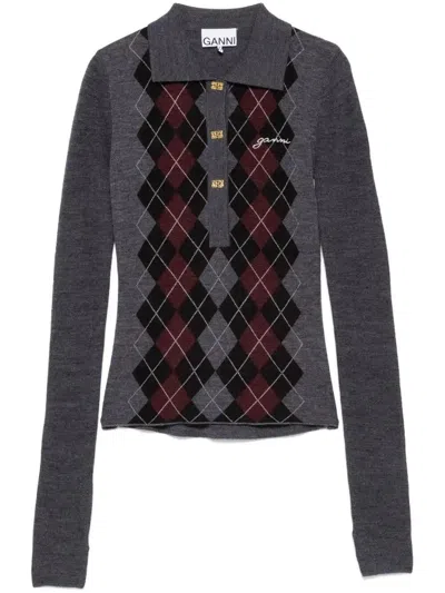 Ganni Gestricktes Poloshirt In Gray