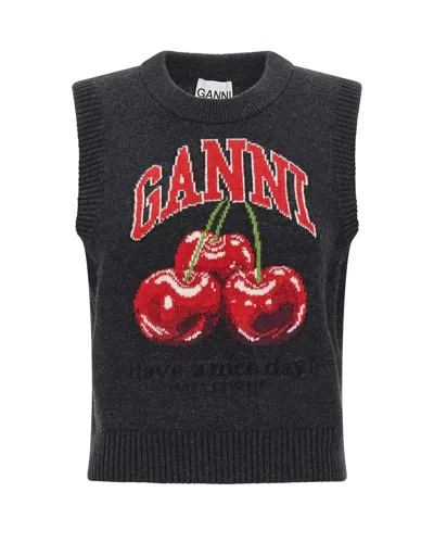 Ganni Gilet Cherry Graphic Phantom In Black
