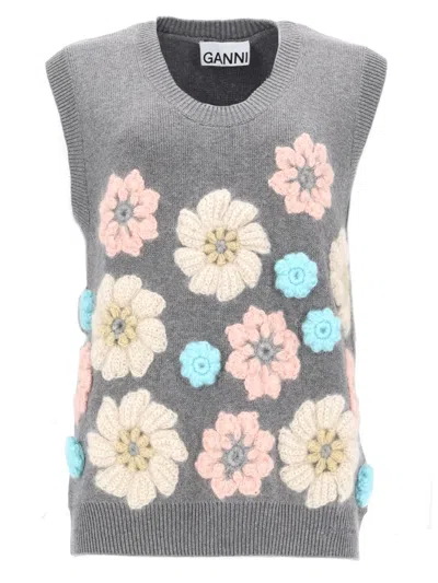 Ganni Chic Mini Gilet With Floral Detailing In Multi
