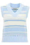 Ganni Women Multicolor Knit Vest With Stripe Motif In Wool Woman In Light Blue