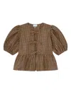Ganni Gingham Bow Top In Brown