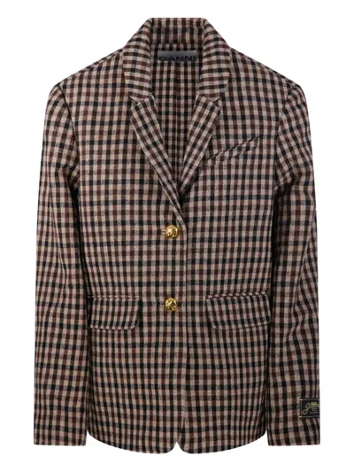 GANNI GINGHAM CHECK BUTTONED BLAZER