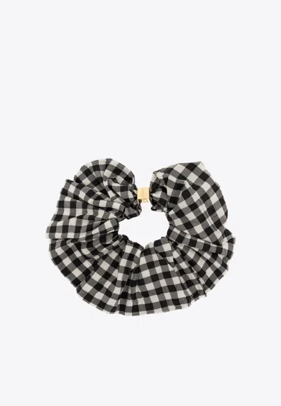 Ganni Gingham Check Hair Scrunchie In Black