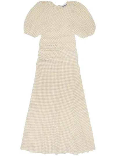 Ganni Gingham-check Puff-sleeve Midi Dress In Neutrals