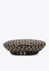 Ganni Checkered Wool Beret Featuring Buckle Detail In Brown