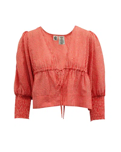 Ganni Gingham Front-tie Top In Red Cotton