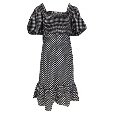 Ganni Gingham Puffed Sleeve Midi Dress In Black Cotton