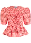 Ganni Red Crinkled Check Taffeta Blouse