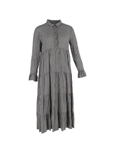 Pre-owned Ganni Gingham Tiered Midi Shirt Dress In Black
