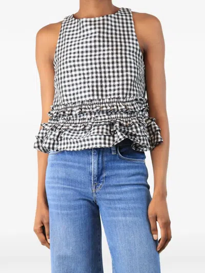 Pre-owned Ganni Gingham-pattern Ruffled Top In White